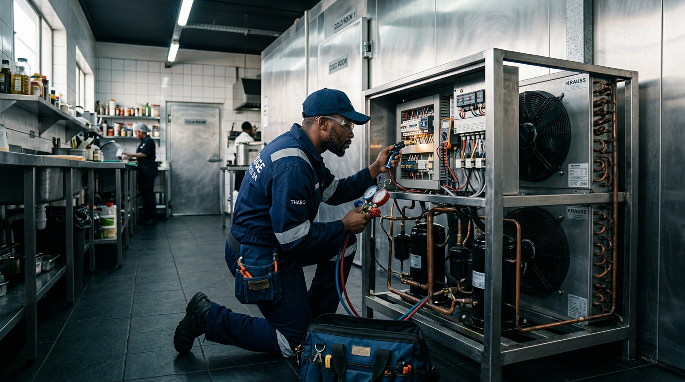 Technician repairing a commercial walk-in refrigeration system